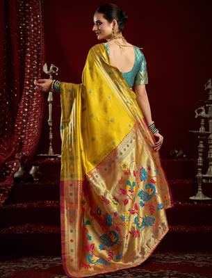 Yellow silk blend banarasi saree with unstitched blouse piece 4