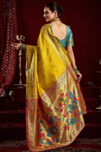 Yellow silk blend banarasi saree with unstitched blouse piece