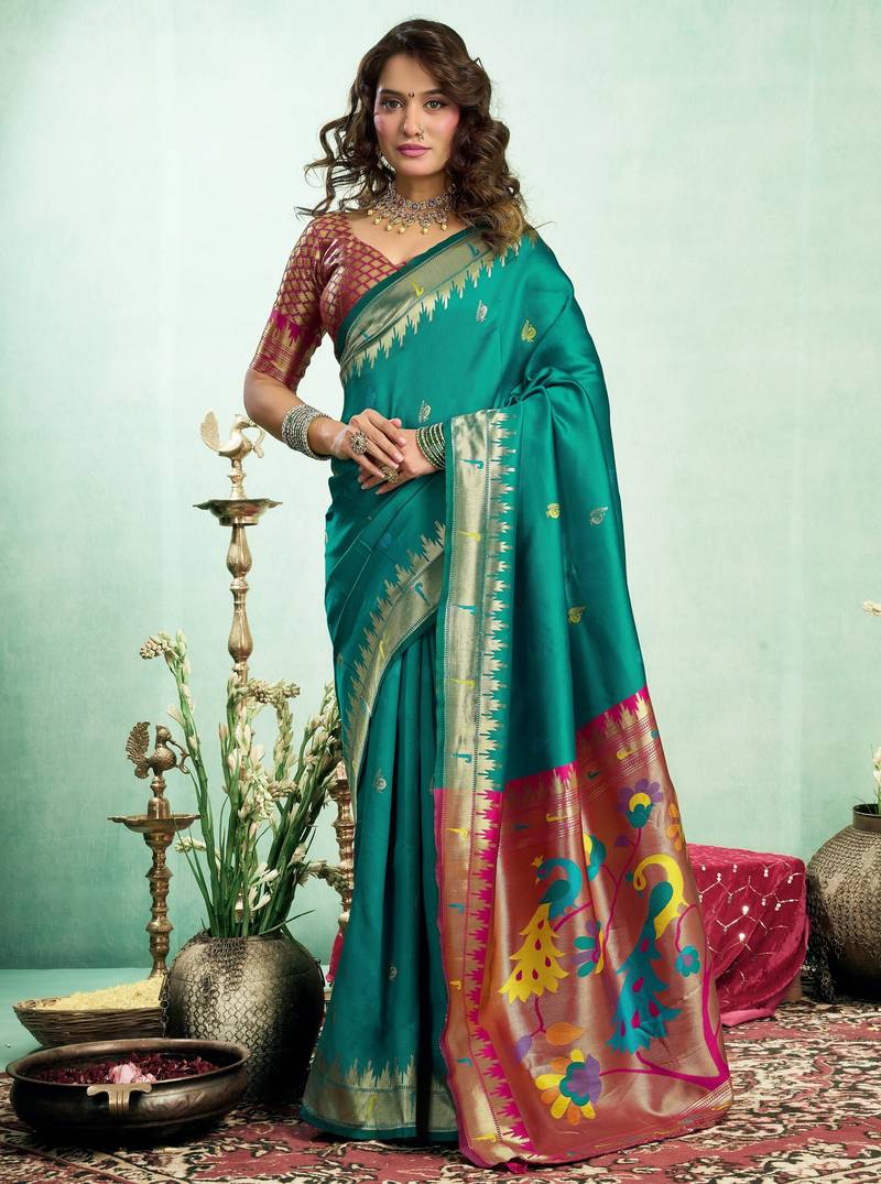 Teal green soft silk blend banarasi jacuard work designer party wear saree with unstitched blouse piece
