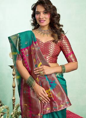 Teal green silk blend banarasi saree with unstitched blouse piece 2