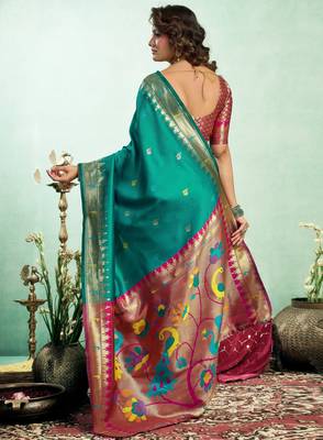 Teal green silk blend banarasi saree with unstitched blouse piece 4