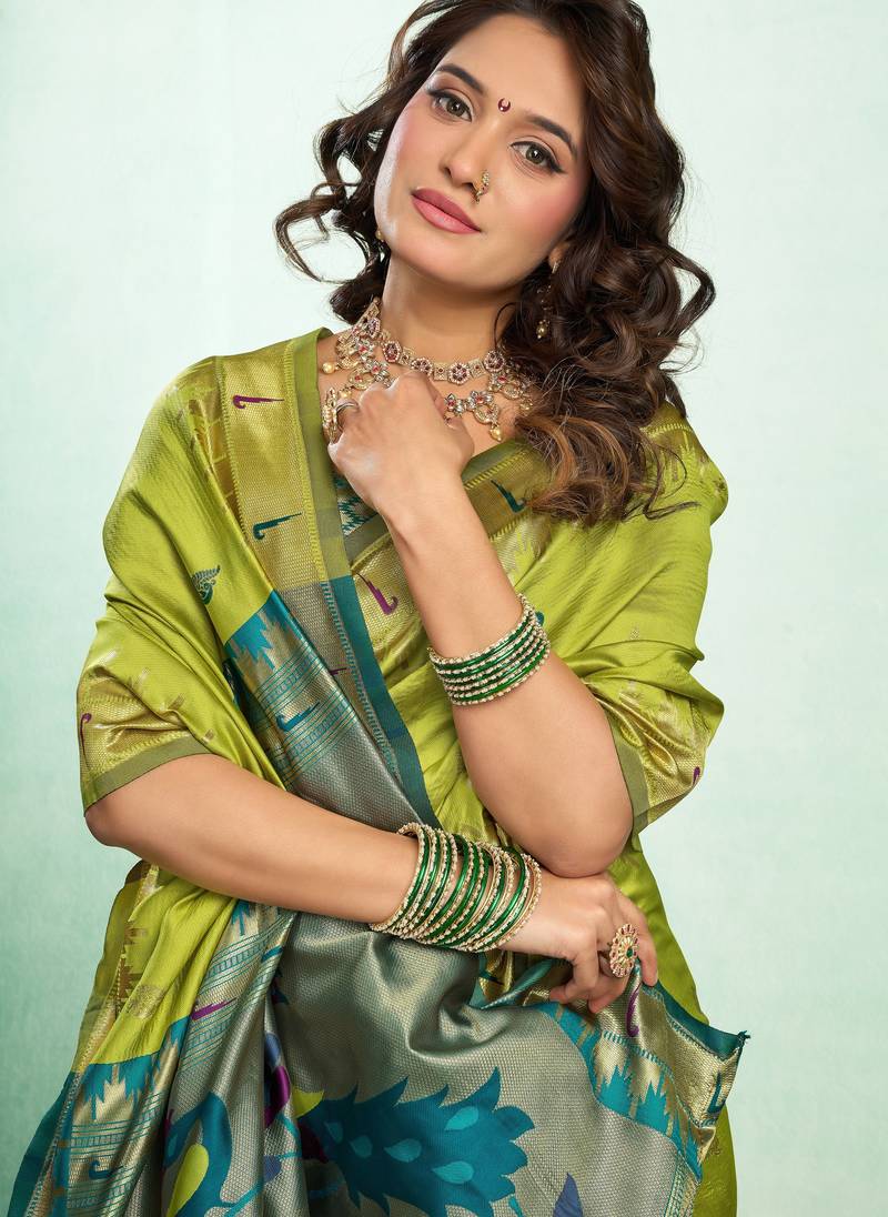 Parrot soft silk blend banarasi jacuard work designer party wear saree with unstitched blouse piece