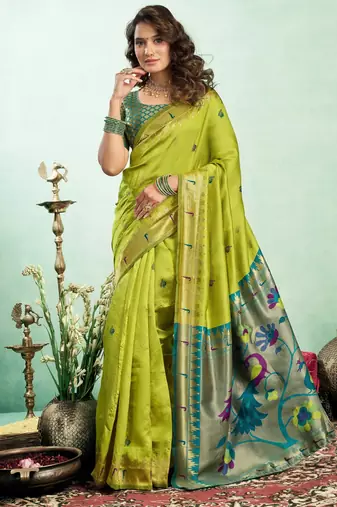 Parrot silk blend banarasi saree with unstitched blouse piece