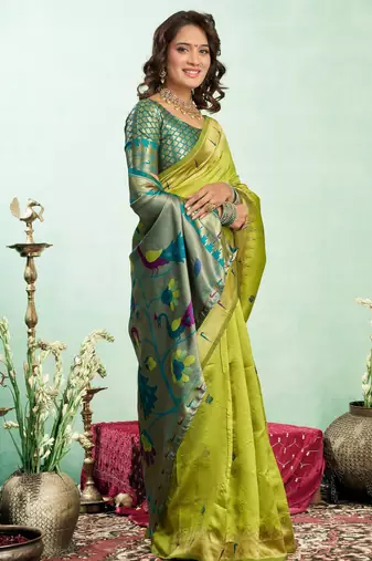 Parrot silk blend banarasi saree with unstitched blouse piece