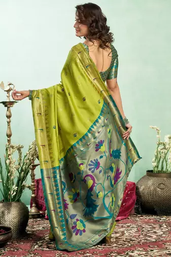 Parrot silk blend banarasi saree with unstitched blouse piece