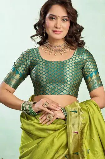 Parrot silk blend banarasi saree with unstitched blouse piece