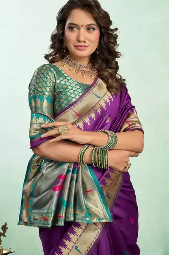 Purple soft silk blend banarasi jacuard work designer party wear saree with unstitched blouse piece