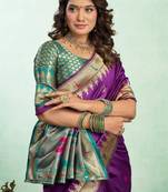 Purple silk blend banarasi saree with unstitched blouse piece