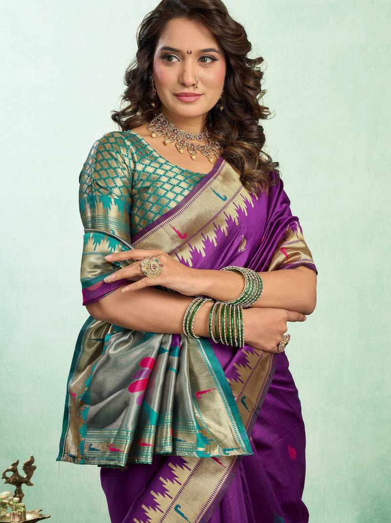 Purple soft silk blend banarasi jacuard work designer party wear saree with unstitched blouse piece