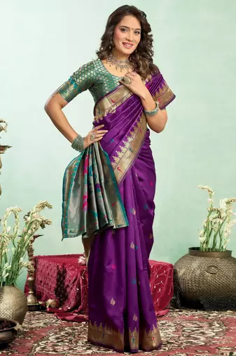 Purple silk blend banarasi saree with unstitched blouse piece