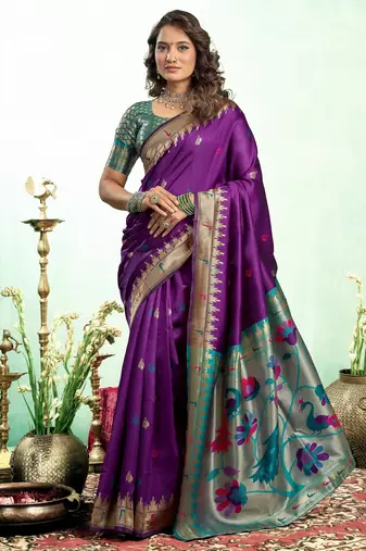 Purple silk blend banarasi saree with unstitched blouse piece