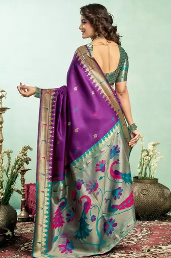 Purple silk blend banarasi saree with unstitched blouse piece
