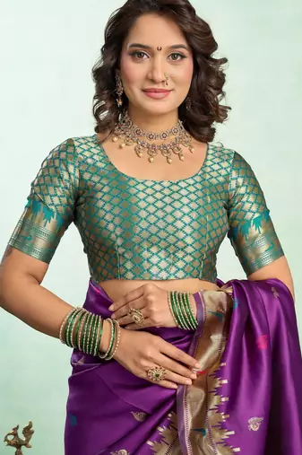Purple silk blend banarasi saree with unstitched blouse piece
