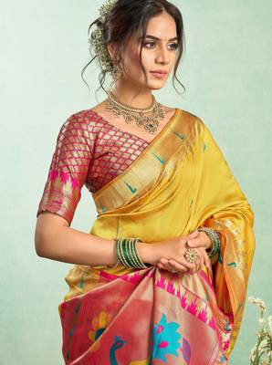 Yellow silk blend banarasi saree with unstitched blouse piece 1