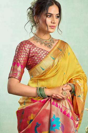 Yellow silk blend banarasi saree with unstitched blouse piece