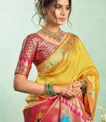 Yellow silk blend banarasi saree with unstitched blouse piece