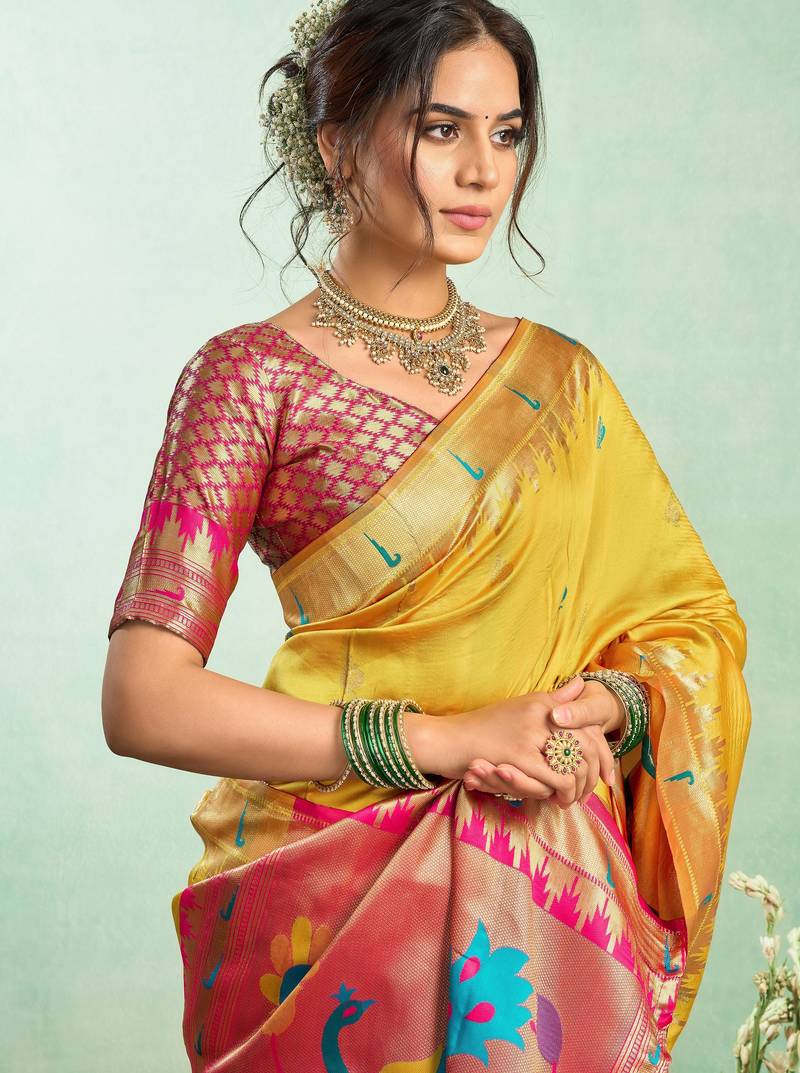 Yellow soft silk blend banarasi jacuard work designer party wear saree with unstitched blouse piece
