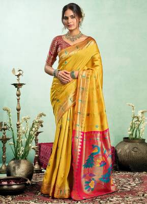 Yellow silk blend banarasi saree with unstitched blouse piece 2