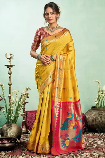 Yellow silk blend banarasi saree with unstitched blouse piece