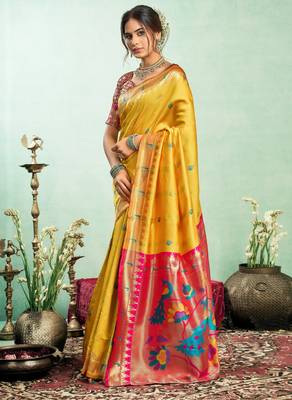 Yellow silk blend banarasi saree with unstitched blouse piece 3
