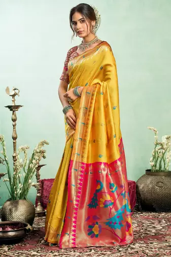 Yellow silk blend banarasi saree with unstitched blouse piece