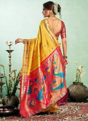 Yellow silk blend banarasi saree with unstitched blouse piece 4