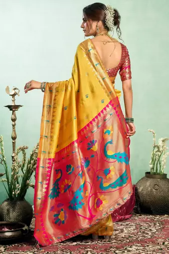 Yellow silk blend banarasi saree with unstitched blouse piece