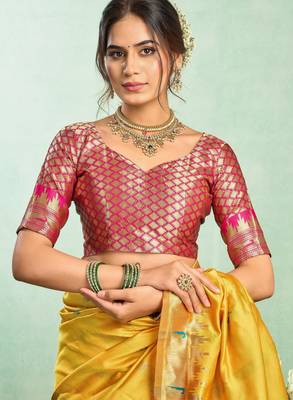 Yellow silk blend banarasi saree with unstitched blouse piece 5