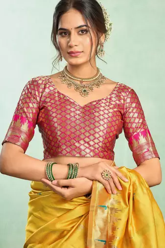 Yellow silk blend banarasi saree with unstitched blouse piece