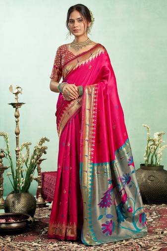 Rani pink silk blend banarasi saree with unstitched blouse piece