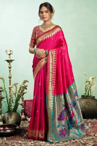 Rani pink silk blend banarasi saree with unstitched blouse piece