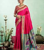 Rani pink silk blend banarasi saree with unstitched blouse piece