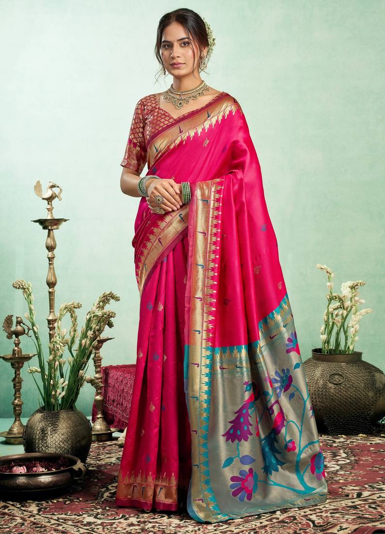 Rani pink soft silk blend banarasi jacuard work designer party wear saree with unstitched blouse piece