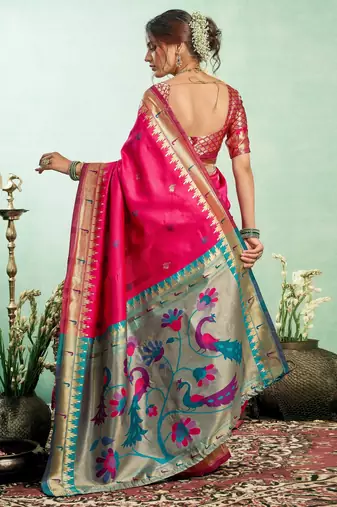 Rani pink silk blend banarasi saree with unstitched blouse piece