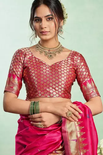 Rani pink silk blend banarasi saree with unstitched blouse piece