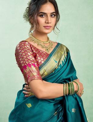 Teal blue silk blend banarasi saree with unstitched blouse piece 1