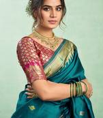 Teal blue silk blend banarasi saree with unstitched blouse piece