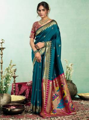 Teal blue silk blend banarasi saree with unstitched blouse piece 2