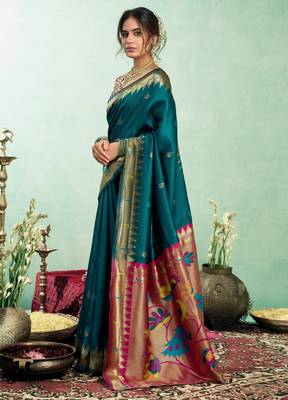 Teal blue silk blend banarasi saree with unstitched blouse piece 3
