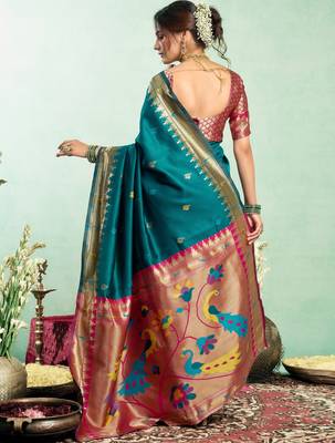 Teal blue silk blend banarasi saree with unstitched blouse piece 4