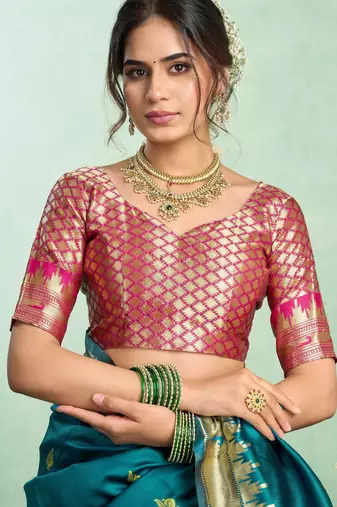 Teal blue silk blend banarasi saree with unstitched blouse piece