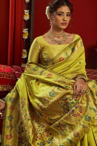 Parrot silk blend banarasi saree with unstitched blouse piece