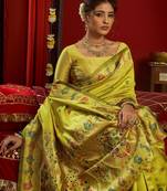 Parrot silk blend banarasi saree with unstitched blouse piece