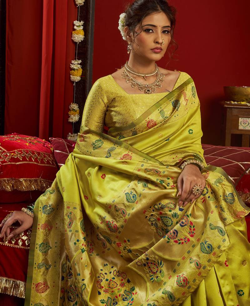 Parrot soft silk blend banarasi jacuard work designer party wear saree with unstitched blouse piece