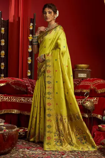 Parrot silk blend banarasi saree with unstitched blouse piece