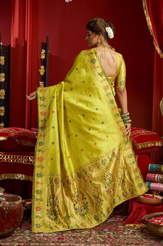 Parrot silk blend banarasi saree with unstitched blouse piece