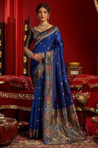 Blue silk blend banarasi saree with unstitched blouse piece
