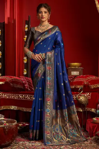 Blue soft silk blend banarasi jacuard work designer party wear saree with unstitched blouse piece