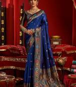 Blue silk blend banarasi saree with unstitched blouse piece