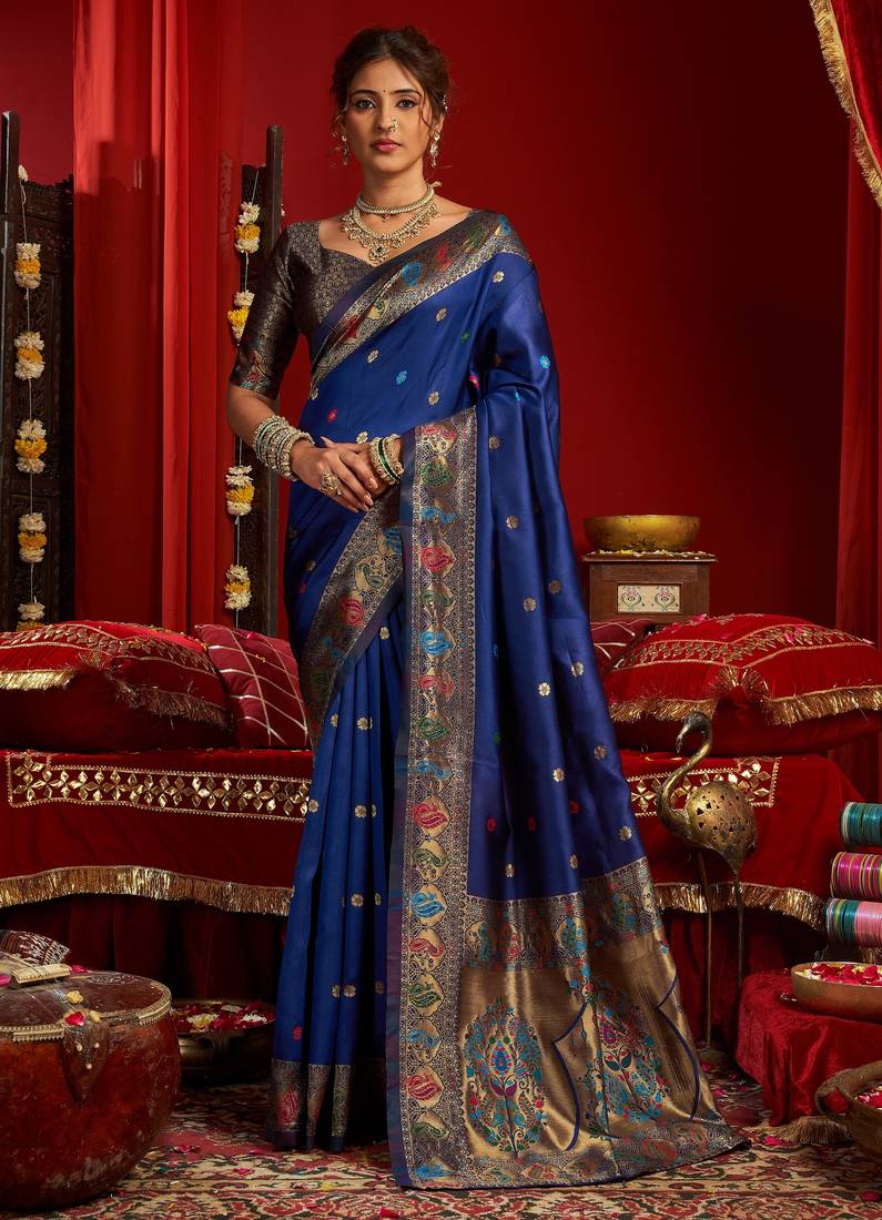 Blue soft silk blend banarasi jacuard work designer party wear saree with unstitched blouse piece